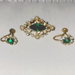 Earrings Brooch Demi Set Vintage Rhinestones Pearls